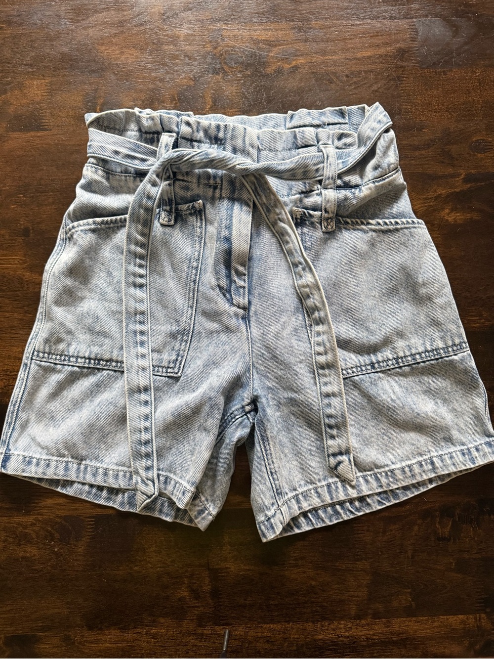 KanCan Light Wash Paperbag Denim Shorts with Self Tie